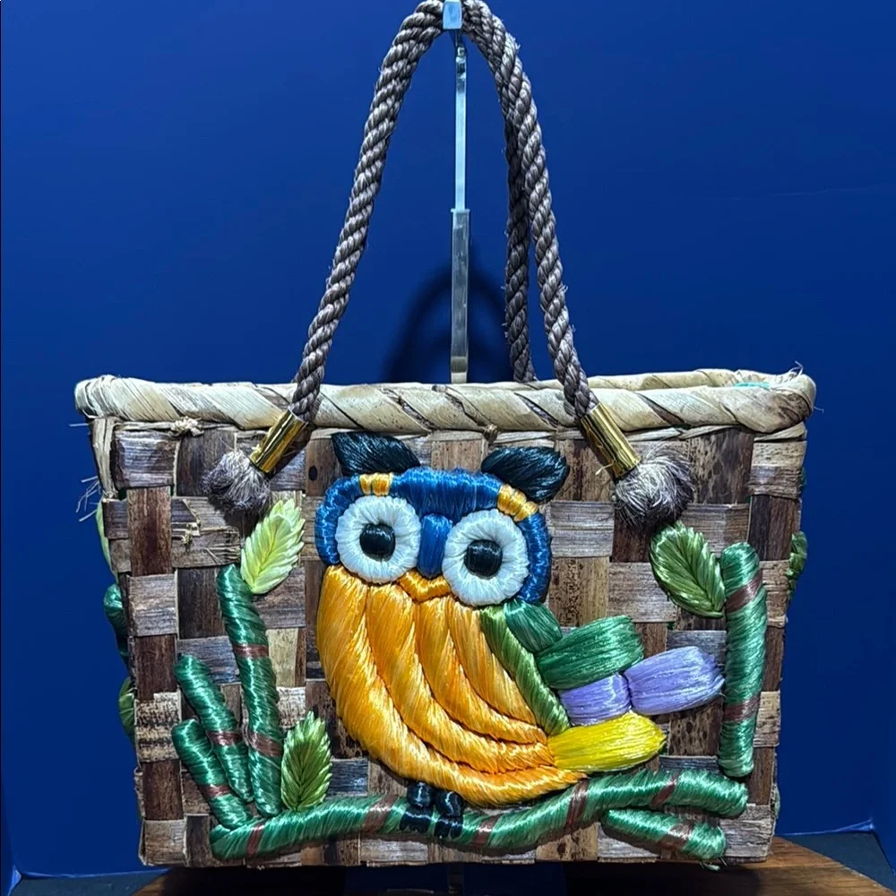 Handcrafted Owl Design Woven Tote Bag - Multicolor - Picture 1 of 8